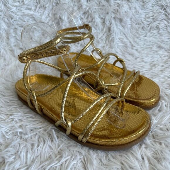 ba&sh Cisco Gold Leather Gladiator Strappy Ankle Sandals Size 37 - Picture 1 of 9